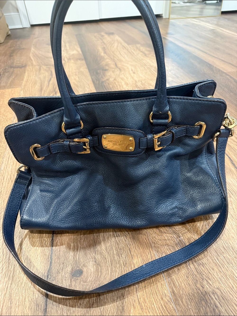 Michael Kors Navy Pebbled Leather Shoulder Satchel with Gold-Tone Hardware